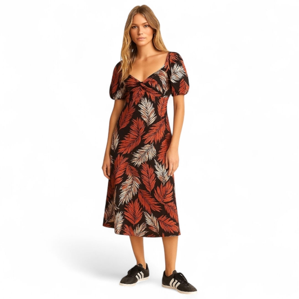 J.Crew Black Wildfire Print Puff-Sleeve Twist-Front Midi‎ Dress NWT